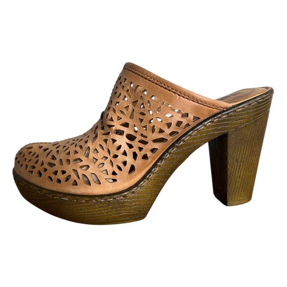 Born Kote Leather Laser Cut Platform Clogs Slip In Cut Out Mule Chunky Heel, 7 - Picture 1 of 10